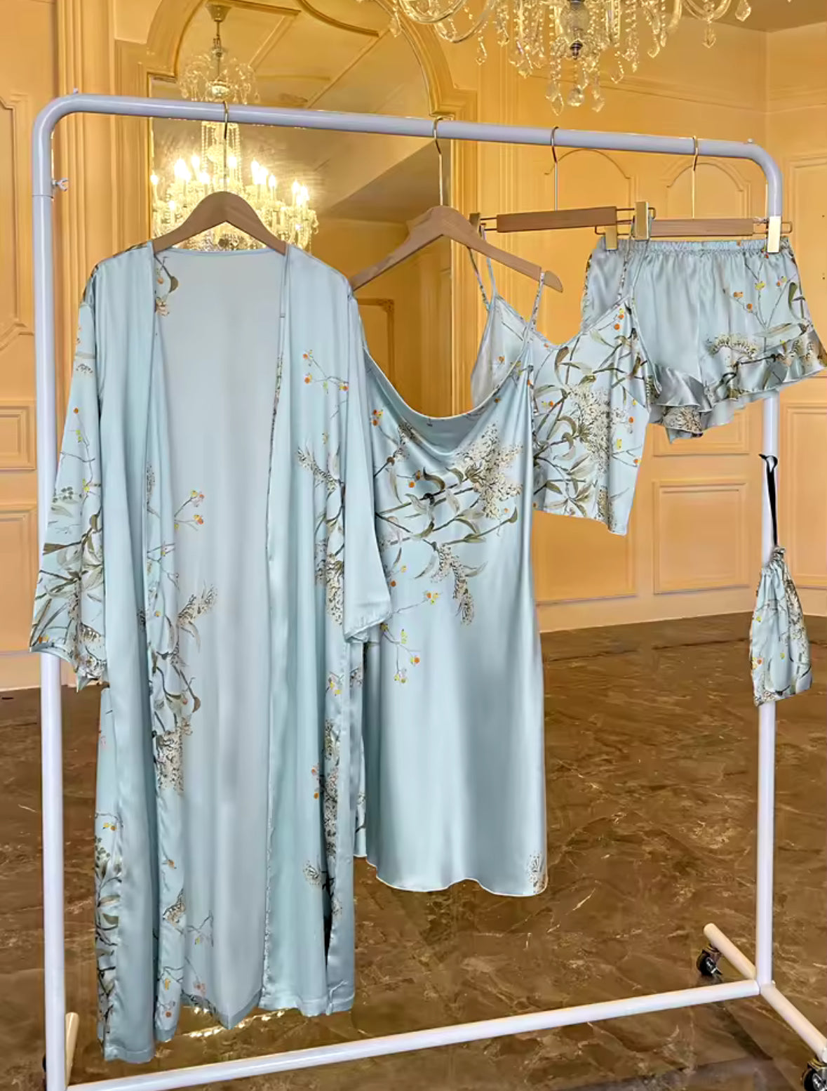 Ensemble de pyjama à fleurs pour femmes, peignoir à manches longues, robe Cami, cami top, short à ourlet plissé, loungewear, pyjama, 5 pièces