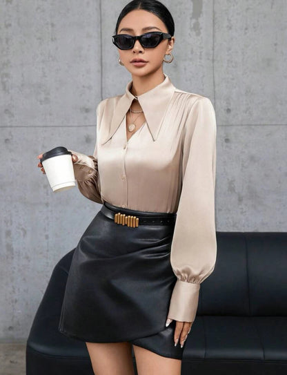 Plain long-sleeve shirt with hollow front button placket