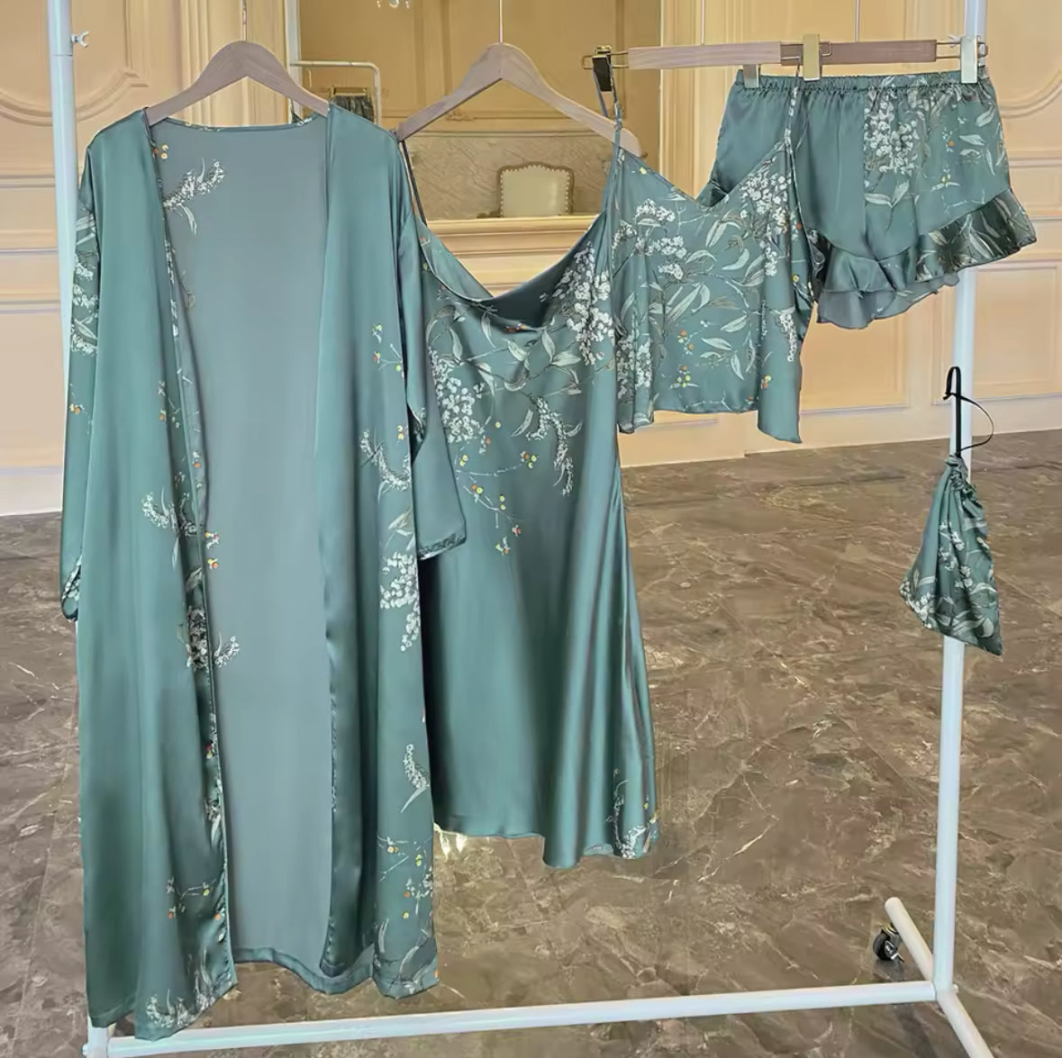 Ensemble de pyjama à fleurs pour femmes, peignoir à manches longues, robe Cami, cami top, short à ourlet plissé, loungewear, pyjama, 5 pièces