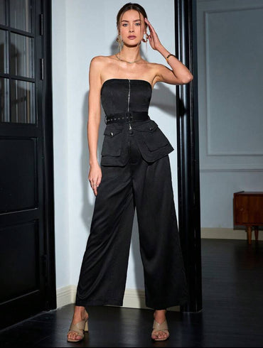 Two Piece Set - Strapless Bandeau Top with 3d Pockets and Wide Leg Pants