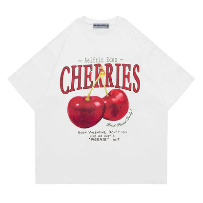 Unisex cherry graphic t-shirt, trendy short sleeve athletic t-shirts, stylish casual style.