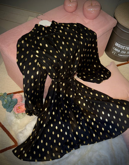 Gold polka dot belted dress with puff sleeves