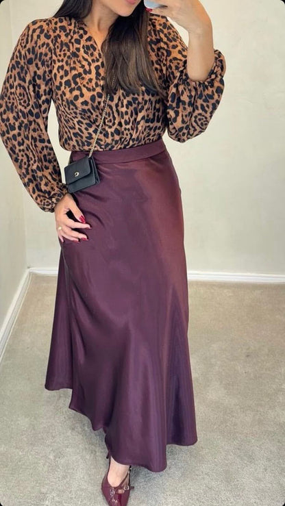 Satin skirt, long burgundy color