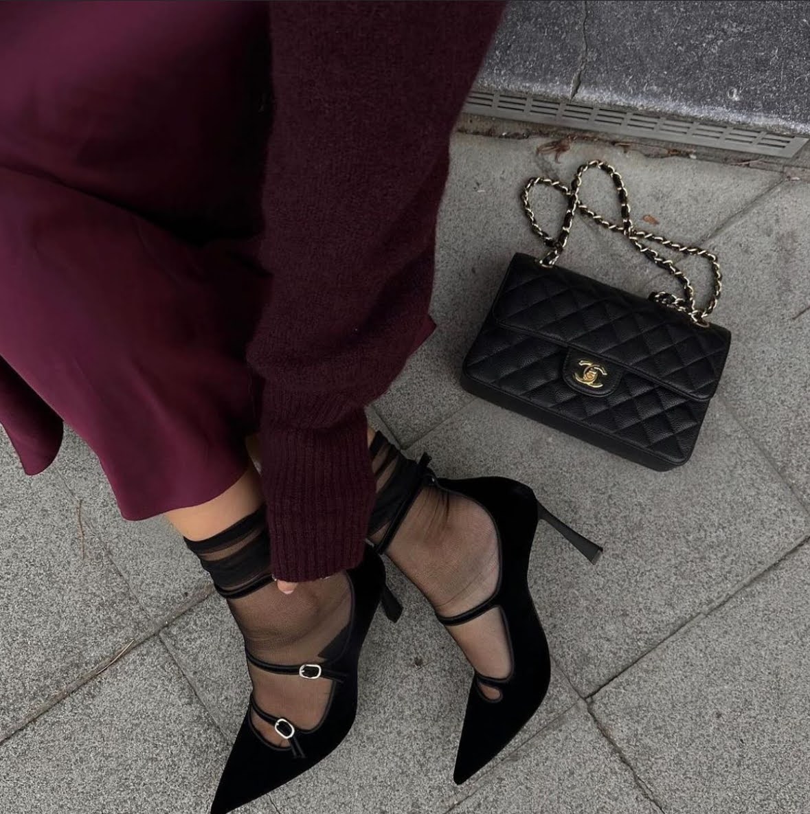 Satin skirt, long burgundy color